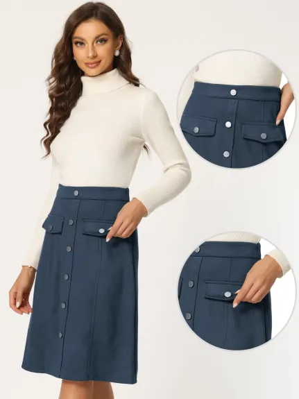 Allegra K- Suede Button Pockets Decor A-Line Skirt