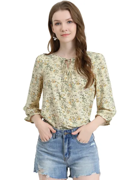 Allegra K- Tie V Neck Ruffled 3/4 Sleeve Floral Blouse