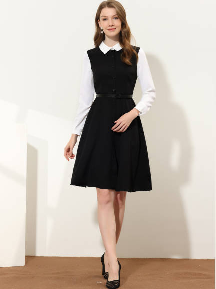 Allegra K- Button Front Dress Long Sleeve Contrast Collar Shirtdress