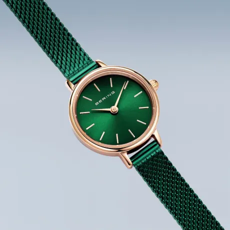 BERING - Montre classique pour femme en acier inoxydable de 22 mm en or rose/vert