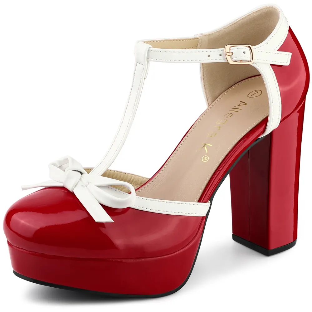 Allegra K - Platform Bow T Strap Block Heel Pump