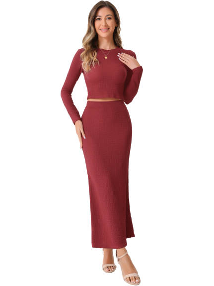 Allegra K - Long Sleeve Knit Crop Top Maxi Skirt Set