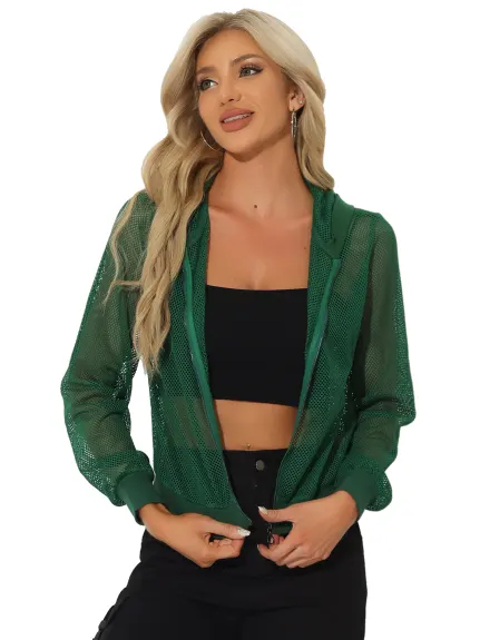 Allegra K- Hoodie Zip Up Mesh Sheer Bomber Jacket