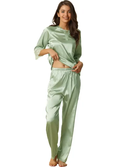 cheibear - Lace 3/4 Sleeves Lounge with Pants Pajama Set