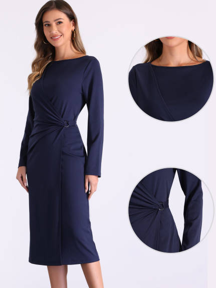 Allegra K - Long Sleeve Wrap Ruched Church Dress