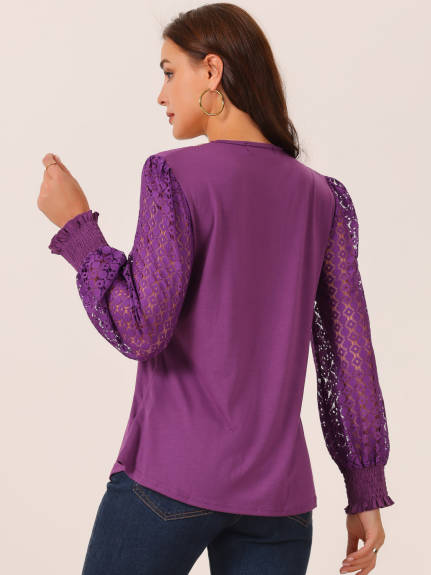 Allegra K - Lace V Neck Hallow Out Sleeve Blouse