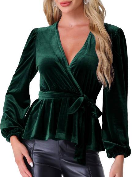 Allegra K - Velvet Wrap Tie Waist Peplum Blouse