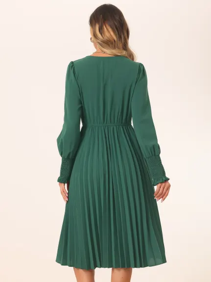 Allegra K - V-Neck Long Sleeve Pleated Midi Dress