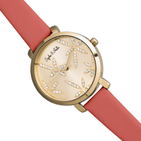 Sophie and Freda - Key West Leather-Band Watch w/Swarovski Crystals - Gold/Dark Pink