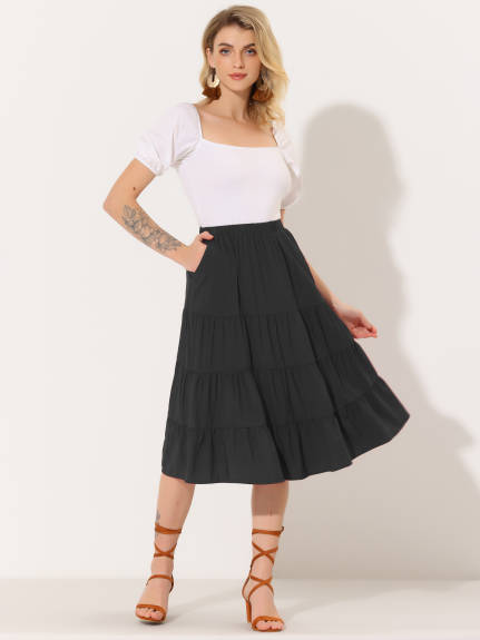 Allegra K- Elastic Waist Tiered A-Line Midi Skirt