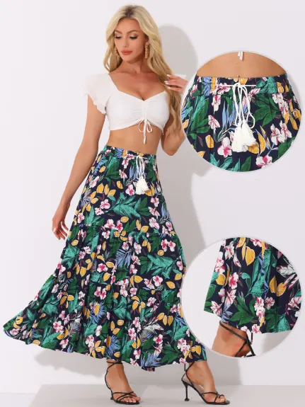 Allegra K- Boho Floral Elastic Waist Maxi Skirt