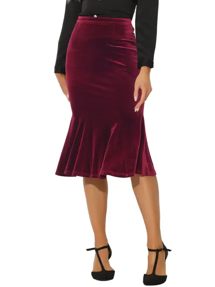 Allegra K- Elastic Waist Velvet Fishtail Bodycon Skirt