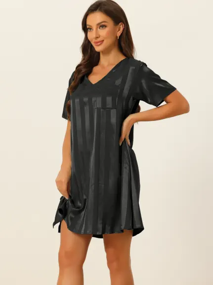 cheibear - Summer Striped Silky Satin Lounge Dress Nightshirt