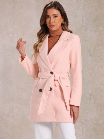 Allegra K- Double Breasted Belted Pocket Trench Coat