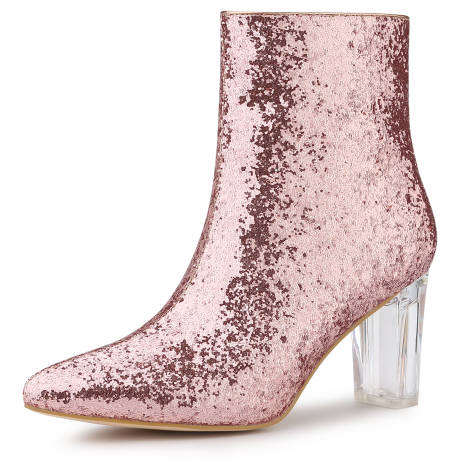 Allegra K - Glitter Clear Block Heel Ankle Booties