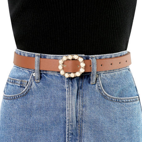 Allegra K- Pearl Waistband Skinny Leather Pin Buckle Belt