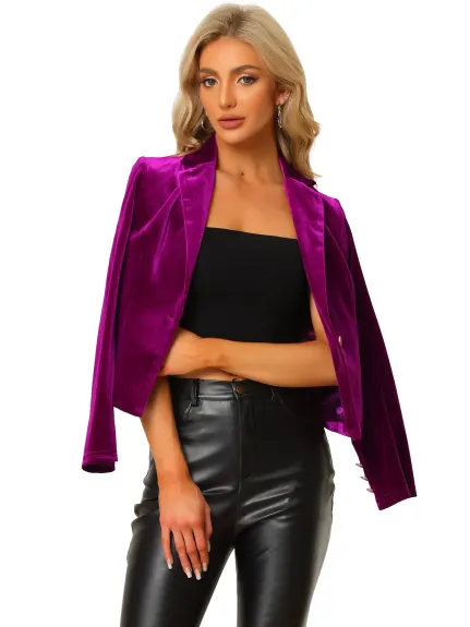 Allegra K- 1 Button Velvet Blazer Lapel Crop Suit Jacket