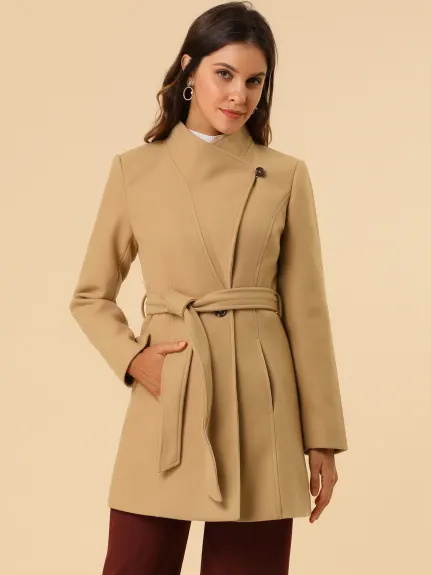 Allegra K- Manteau long classique à col montant et ceinture