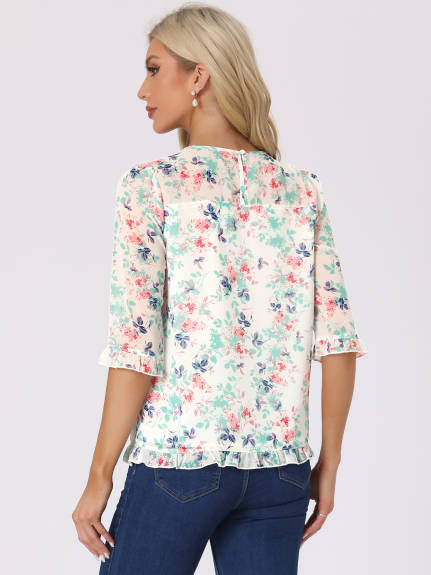 Allegra K- Floral Ruffled 3/4 Sleeve Chiffon Blouses