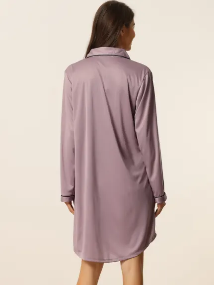 cheibear - Satin Button Down Long Sleeve Shirt Nightgown