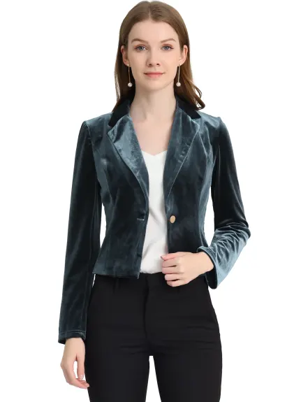 Allegra K- 1 Button Velvet Blazer Lapel Crop Suit Jacket