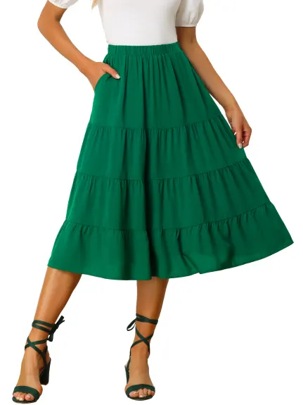 Allegra K- Elastic Waist Tiered A-Line Midi Skirt