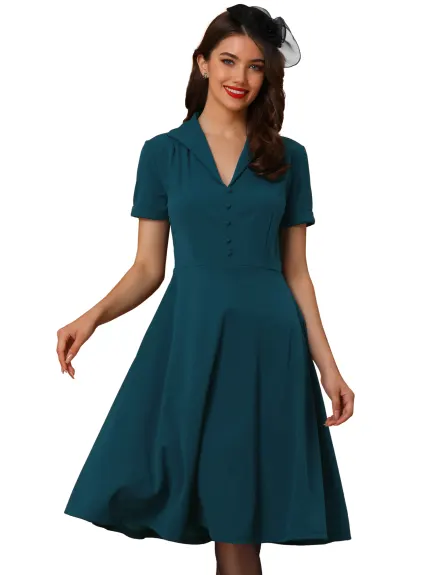 Allegra K- Vintage Flat Collar Short Sleeve Fit and Flare Dress