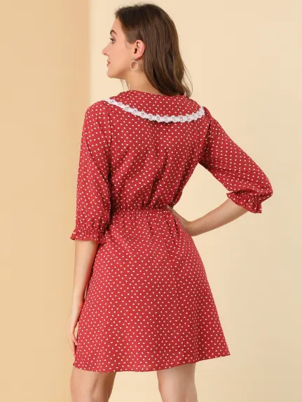 Allegra K- Stars Dots Print Ruffled 3/4 Sleeve Dress