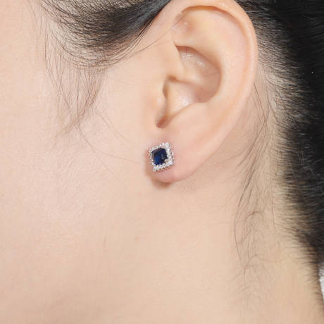 Genevive Sterling Silver White Gold Plated with Sapphire Blue Cubic Zirconia Square Stud Earrings