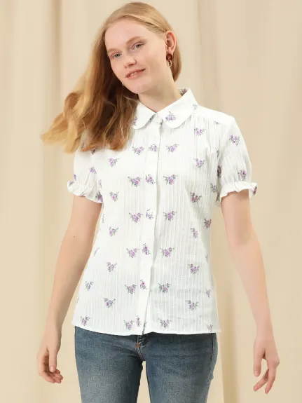 Allegra K - Frilled Short Sleeve Floral Cotton Shirt