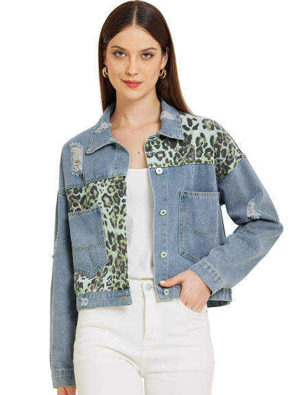 Allegra K - Button Down Cropped Retro Denim Jacket