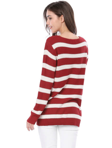 Allegra K- Round Neck Drop Shoulder Loose Striped Tunic Sweater