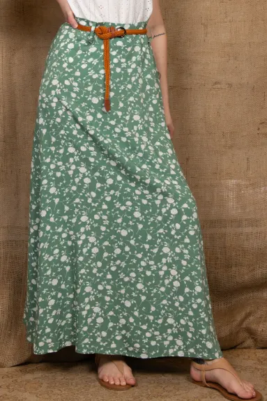 Annick - Serafina Long Maxi Skirt Flower Print Belt Included Green