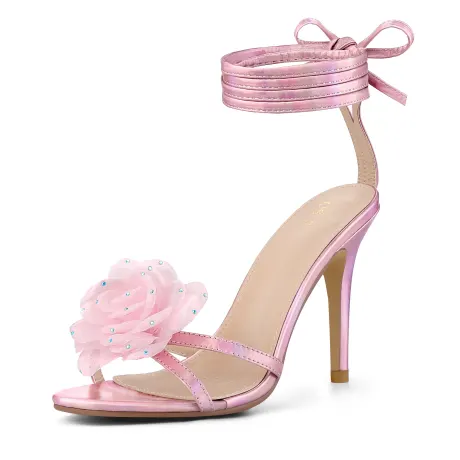 Allegra K- Flower Stiletto Heels Lace Up Sandals