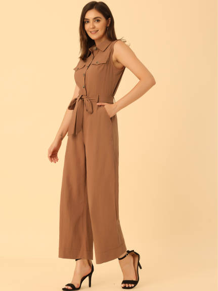 Allegra K- Sleeveless Collared Tie Waist Coverall Button Down Jumpsuit