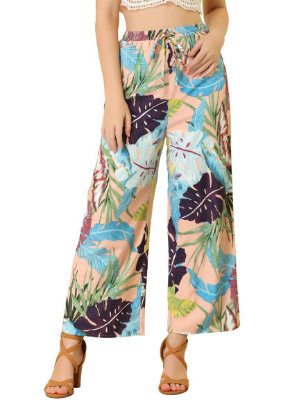 Allegra K- Drawstring Wide Leg Floral Beach Pants