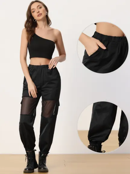 Allegra K- Mesh Panel Pant High Waist Sheer Elastic Baggy Cargo Pants