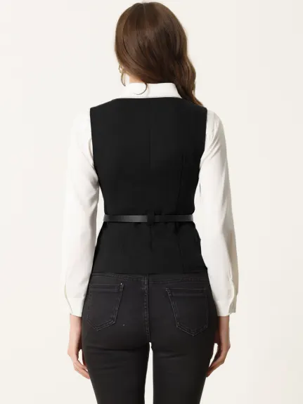 Allegra K- Button Up Belt V Neck Waistcoat