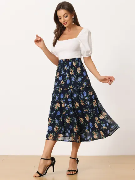 Allegra K- Floral Tiered A-Line Long Chiffon Skirt