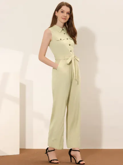 Allegra K- Sleeveless Collared Tie Waist Coverall Button Down Jumpsuit