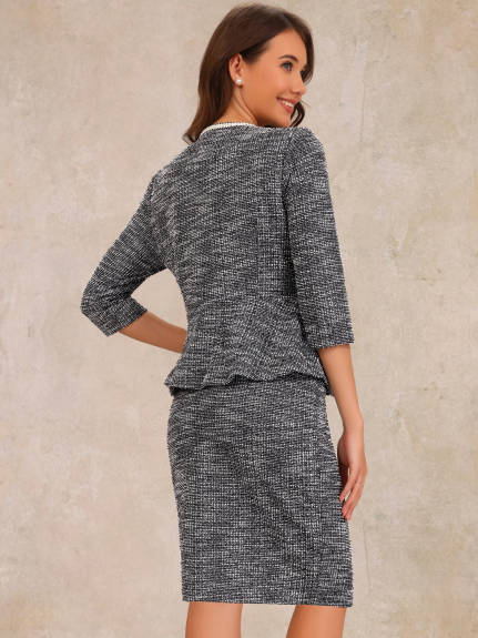 Allegra K - 3/4 Sleeve Tweed Blazer Pencil Skirt Business Suit