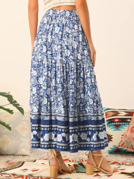 Allegra K- Boho Floral Elastic Waist Maxi Skirt