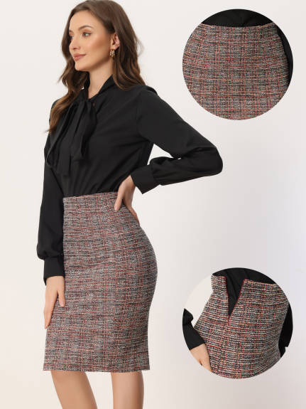 Allegra K - Tweed Plaid Slit Pencil Skirt