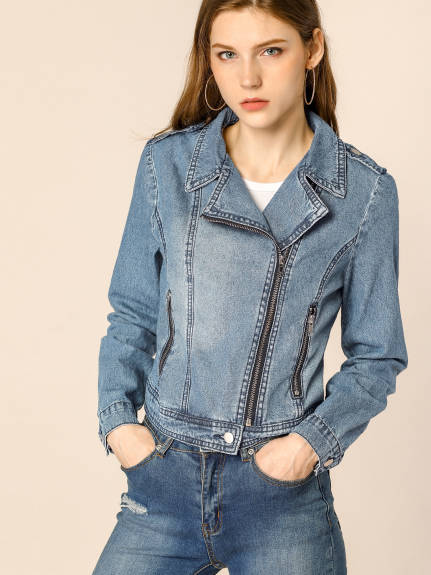 Allegra K- Notched Lapel Asymmetric Zip Moto Denim Jacket