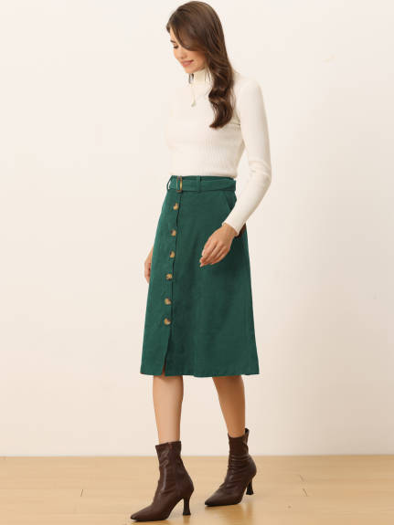 Allegra K - Button Front A-Line Belted Corduroy Skirt