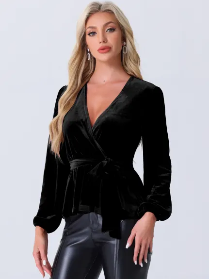 Allegra K - Velvet Wrap Tie Waist Peplum Blouse