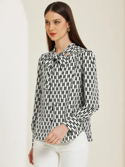 Allegra K- Print Tie Neck Lantern Long Sleeve Blouse