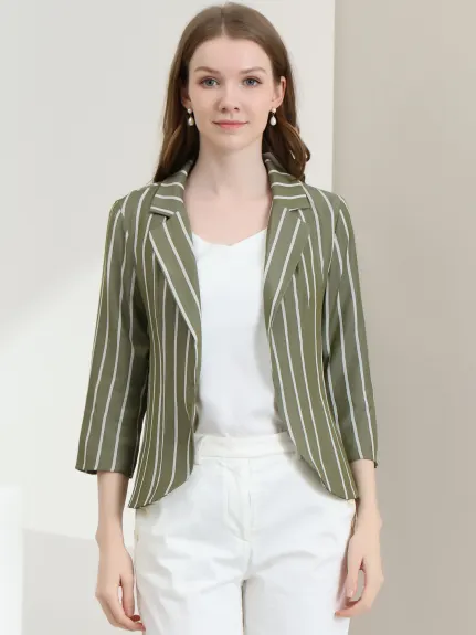 Allegra K- Casual Striped 3/4 Sleeves Open Front Notched Lapel Blazer