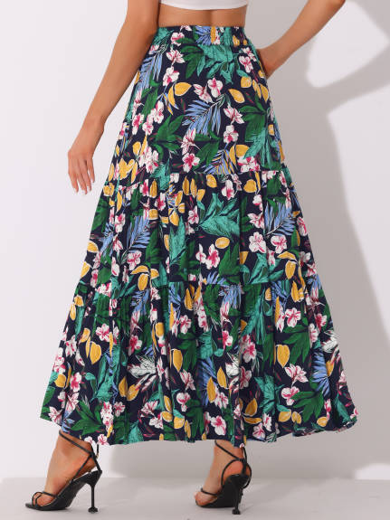 Allegra K- Boho Floral Elastic Waist Maxi Skirt