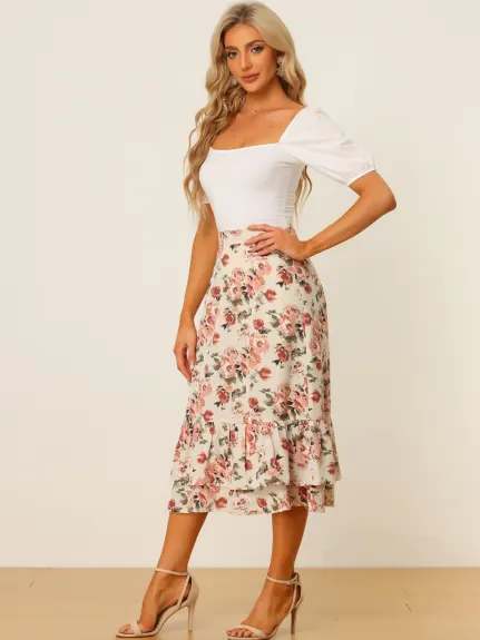 Allegra K- Printed Chiffon Ruffle Tiered Zipper Midi Skirt